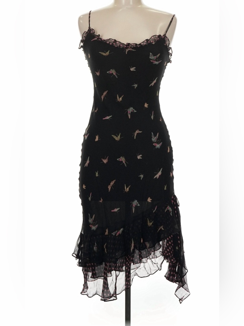 Vintage Betsey Johnson 90s Y2K black silk butterfly polka dot slip dress